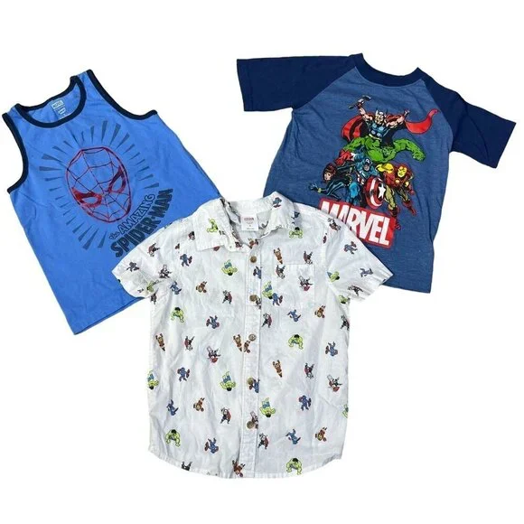 3 Marvel Boy's Shirts T-Shirt Button Front Blue White Lot of 3 Size 6 - Picture 1 of 10